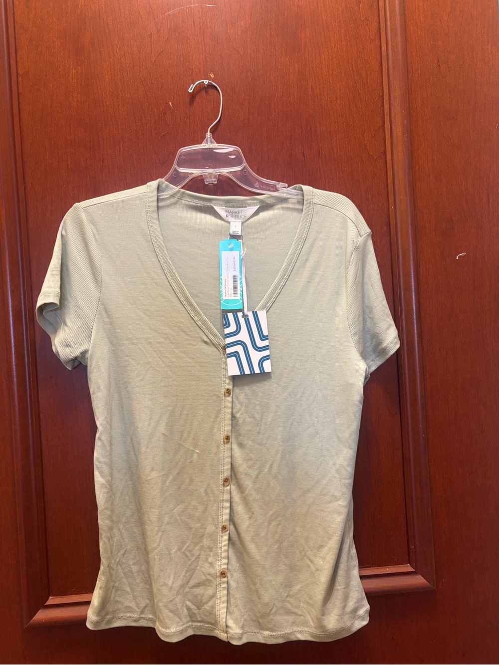 Market & Spruce Lilia top, Light Sage V-Neck Button Short Sleeve Top